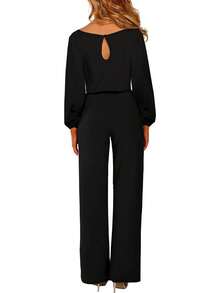 Solid Belted Flare Leg Jumpsuit - Black - View 2