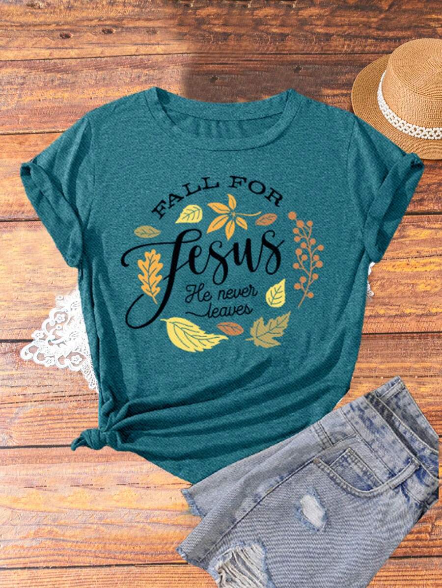 Calvaya Women's Plus Size Letter & Leaf Print T-Shirt - Multicolor - View 1