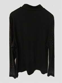 Flirla Plus Size Women's Sleeve Rhinestone Embellished Round Neck T-Shirt - Black - View 1