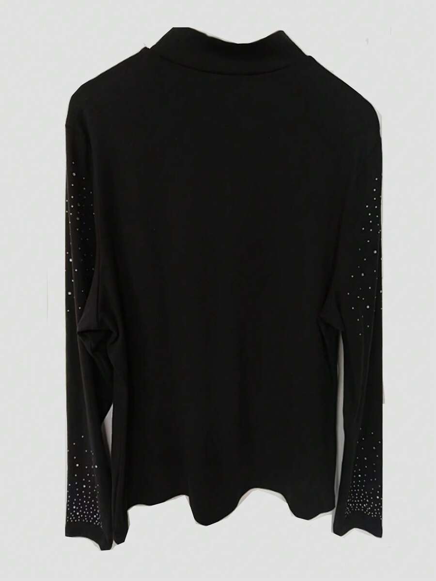 Flirla Plus Size Women's Sleeve Rhinestone Embellished Round Neck T-Shirt - Black - View 1
