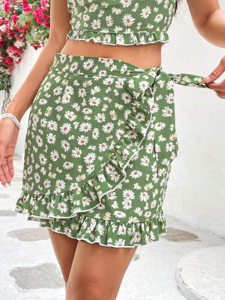 Women'S Green Printed Asymmetric Hem Mini Skirt