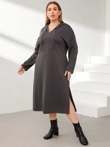 SHEIN Essnce Plus Size Hooded Drawstring Side Split Dress - Grey - View 1