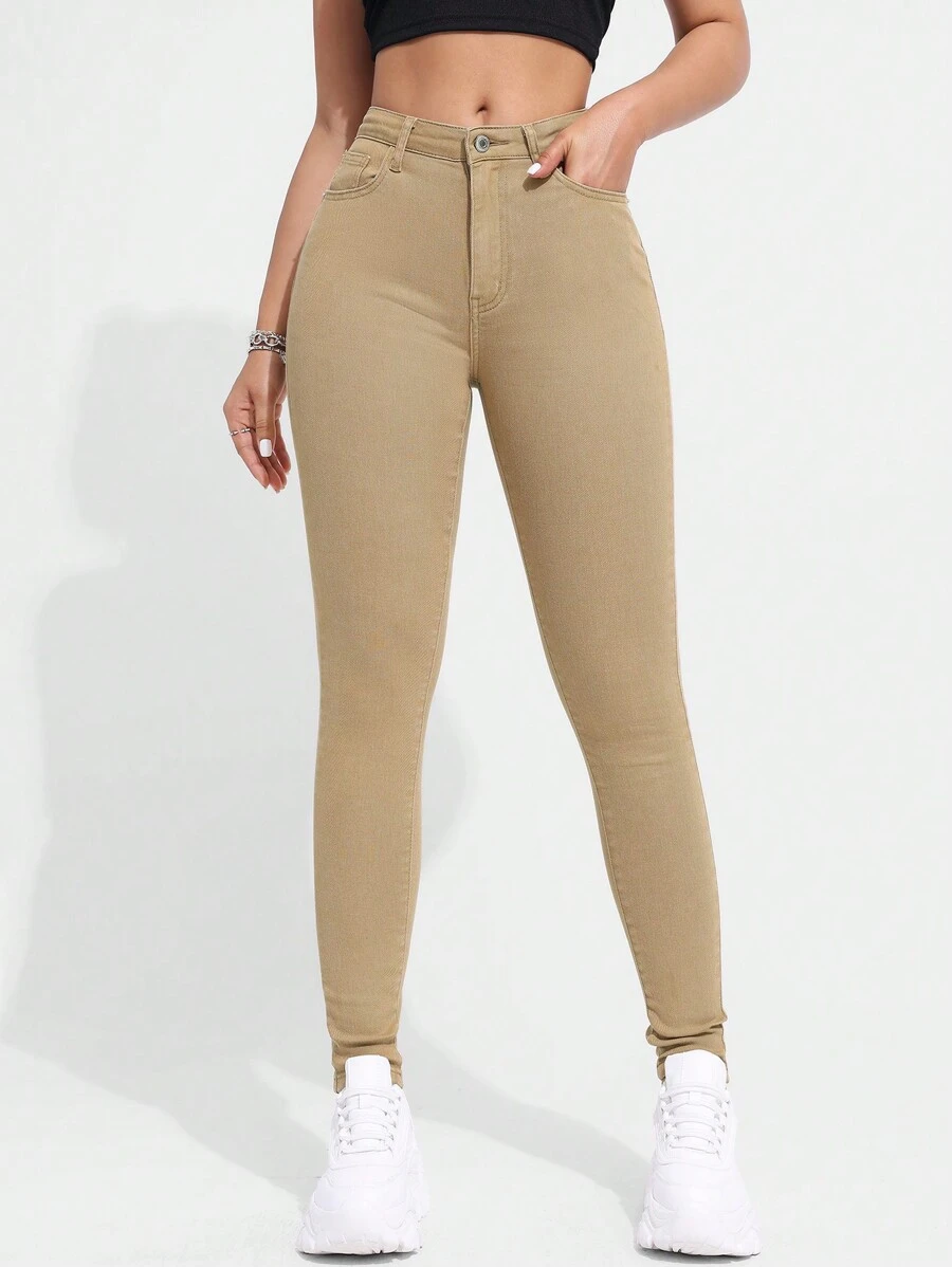 SHEIN Essnce Enfärgad Mager Jeans - Kaki - Visa 1