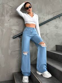 Women'S Distressed Straight Leg Jeans - Medium Wash - View 1