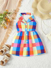 Đứa bé gái Hoa văn kẻ sọc Halterneck Đầm - Nhiều màu - Xem 1