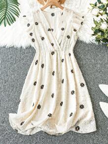 SHEIN Unity Plus Size Women'S Short Sleeve Chiffon Dress With Daisy And Ruffle Detail - Apricot - View 1