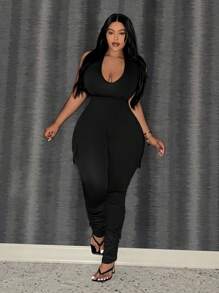 Slaydiva Plus Size Black Tight-Fitting Halter Neck Backless Jumpsuit - Black - View 1