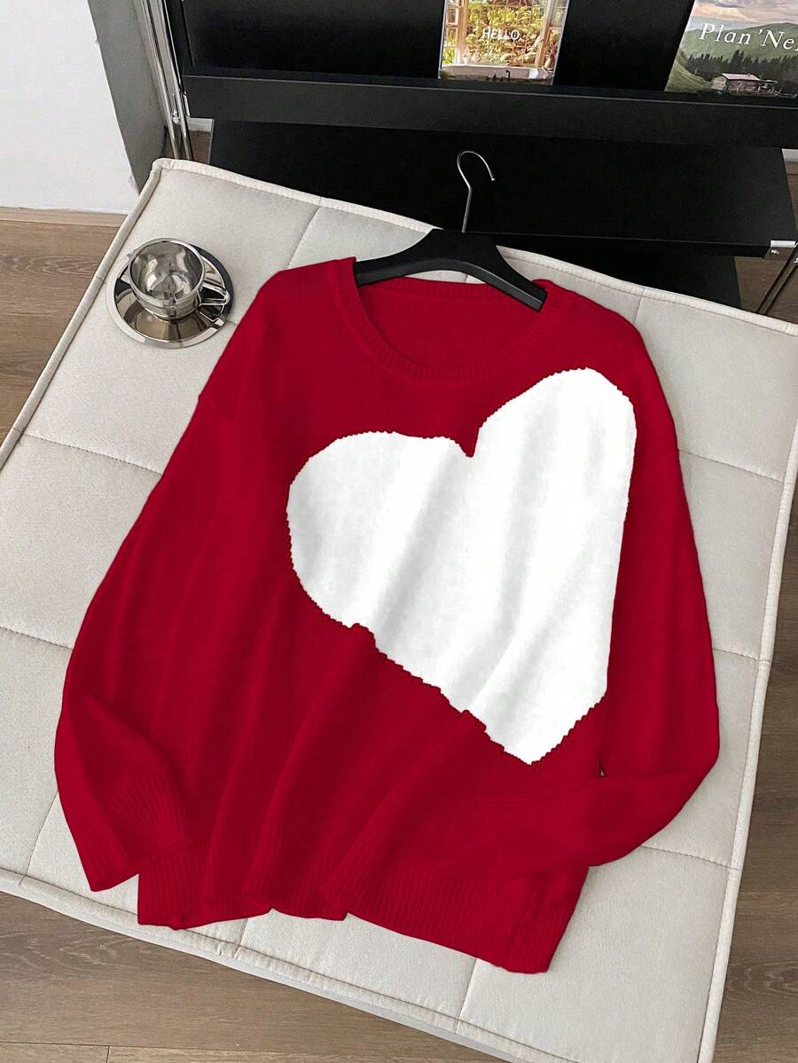 Flirla Red Round Neck Heart Plus Size Sweater - Red - View 1