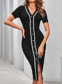 SHEIN Clasi 女士單排釦開岔擺職業夏季修身黑色連衣裙 - 黑與白 - 查看 3