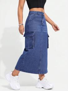 SHEIN EZwear Women's Denim Cargo Skirt - Blue - View 6