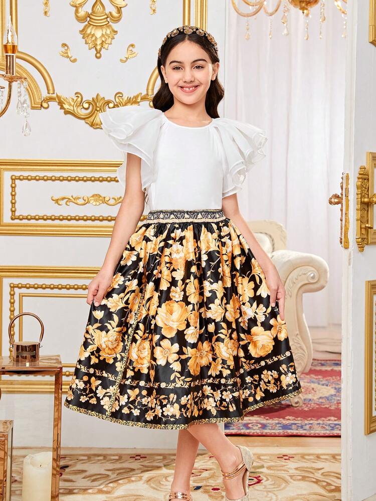 Tween Girls' Loose And Cute Round Neck Ruffle Hem T-Shirt & Flower Printed A-Line Skirt Set