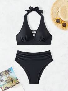 SHEIN Swim Damen Sommer Bikini Set mit Neckholder und Falten