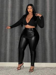 Slaydiva Của phụ nữ Kích thước lớn Chi tiết dây kéo Xà cạp - màu đen - Xem 5