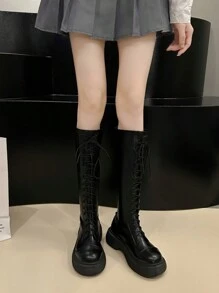 2025春秋女弹力过膝靴英伦风系带修身黑色机车靴过膝厚底增高显瘦高帮靴