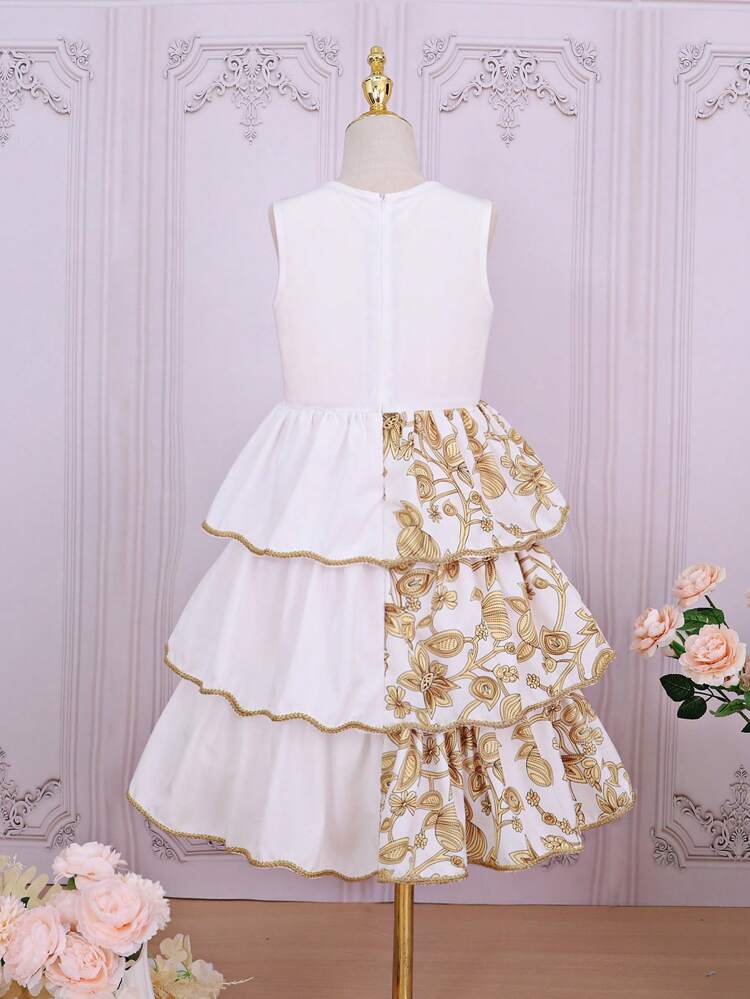 Tween Girls' Elegant And Gorgeous Gold Pattern Multi-Tiered Long Dress, Suitable For Birthday Parties, Evening Parties, Performances And Weddings