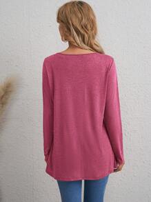 EMERY ROSE Women's Button Decor Scalloped Hem Long Sleeve Casual T-Shirt Fall Shirts Winter Tops Women Tops - Hot Pink - View 2