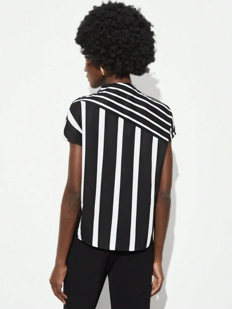 SHEIN Maija 2026 Spring & Summer Women's Striped Stand Collar Blouse, Suitable For Wedding Guest, Host, Date, Party, Concert, Brunch, Airport, Multi-Occasion Women Easter Summer Easter Women Party Top Beach Summer Holiday Beach Vacation Summer Going Out Graduation Casual Blouses For Women Elegant Women's Blouses Casual Blouse For Women Formal Attire For Women Office Wear Women Business