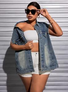 SHEIN SXY Của phụ nữ Kích thước lớn Nút phía trước Frayed Denim Áo khoác vest - Màu xanh lam - Xem 3
