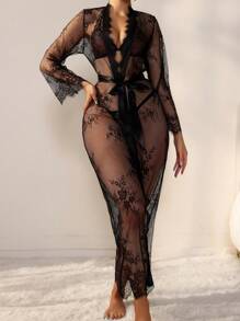See-Through Lace Front-Tie Sexy Lingerie Set For Going Out - Black - View 3