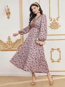 Modelyn 女款 V 領提花燈籠袖連身裙 - 粉色 - 查看 5