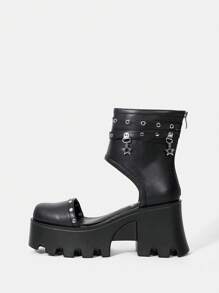 SheIn ICON Của phụ nữ Ngoài trời Chóp giầy tròn Nêm Gót chân Dày Đế Đúng mốt Trở lại Có khóa kéo Đen Giày ống - màu đen - Xem 3