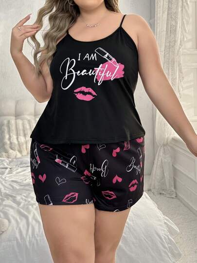 Conjunto De Pijama Para Mujer De Talla Grande Con Top Cami Estampado De Labial Y Shorts
