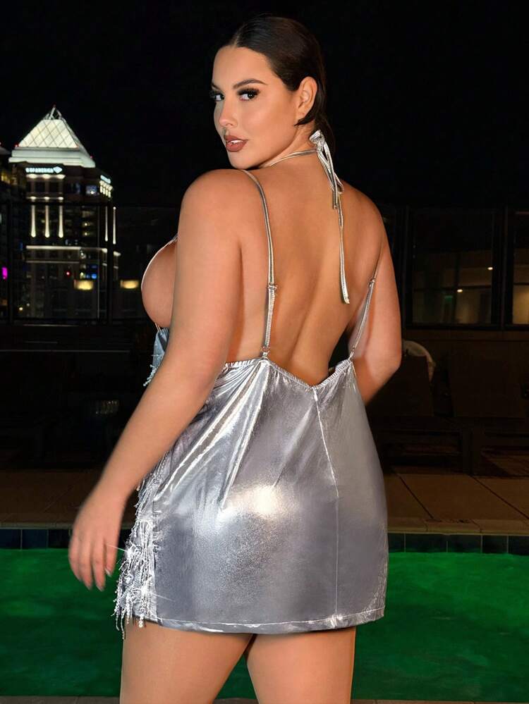 Plus Size Sleeveless Fringed Sequin Cami Dress With Deep V Back