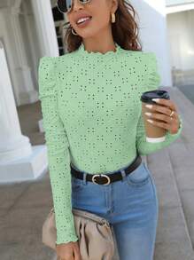 SHEIN Frenchy Women Spring/Summer Slim Fit T-Shirt With Stand Collar, Cap Sleeves And Eyelet Embroidery Frill Trim Tee Textured Sheer Fabric