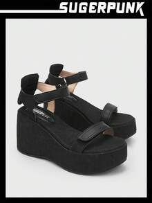 Y2K Women's Platform Wedge Sandals Sugerpunk Shoes - Black - View 8