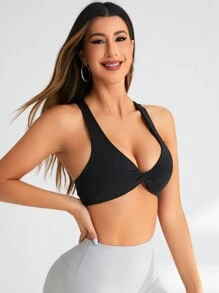 Easithlete Women's Solid Color Twist-Front Sports Bra - Black - View 4