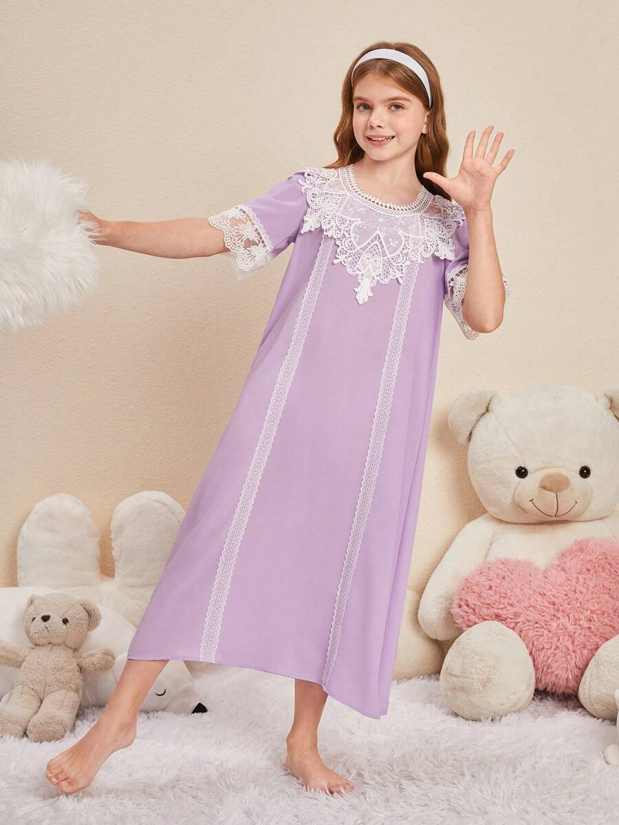 SHEIN Abito Da Notte Lungo Con Maniche Corte A Maglia Per Adolescenti Ragazze, Per Casa - Viola malva - Visualizzare 1
