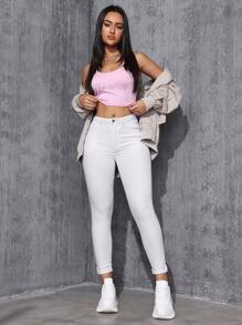 SHEIN Essnce 牛仔實色修身褲,斜口袋設計 - 白色 - 查看 6