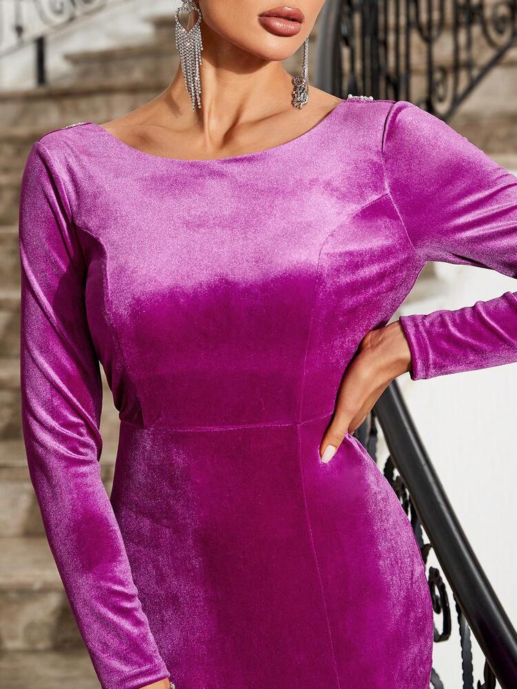 Women's Velvet Pearl Stud Detail Open Back Dress