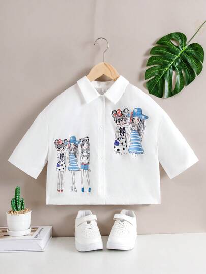 Tween Girls' Woven Solid Color Short Sleeved Casual Shirt With Girl Print