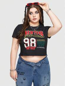 ROMWE Street Life Plus Size Sporty Slogan Print Tight Crop Top - Black - View 2