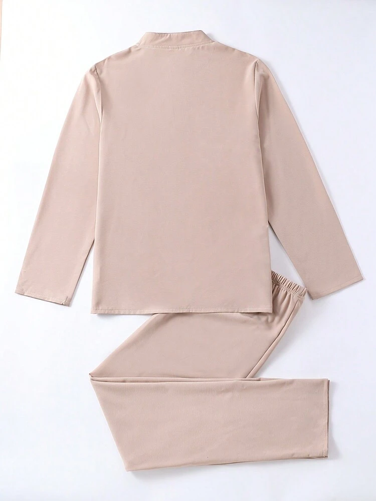 Teen Boys' Simple Deep Apricot-Colored Long Sleeve Loose Fit Homewear With Long Pants