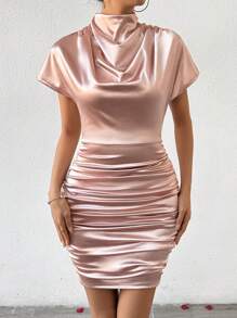 SHEIN Unity Women Dresses Diikat Ruched Zip Plain Anggun - Baby Pink - View 4