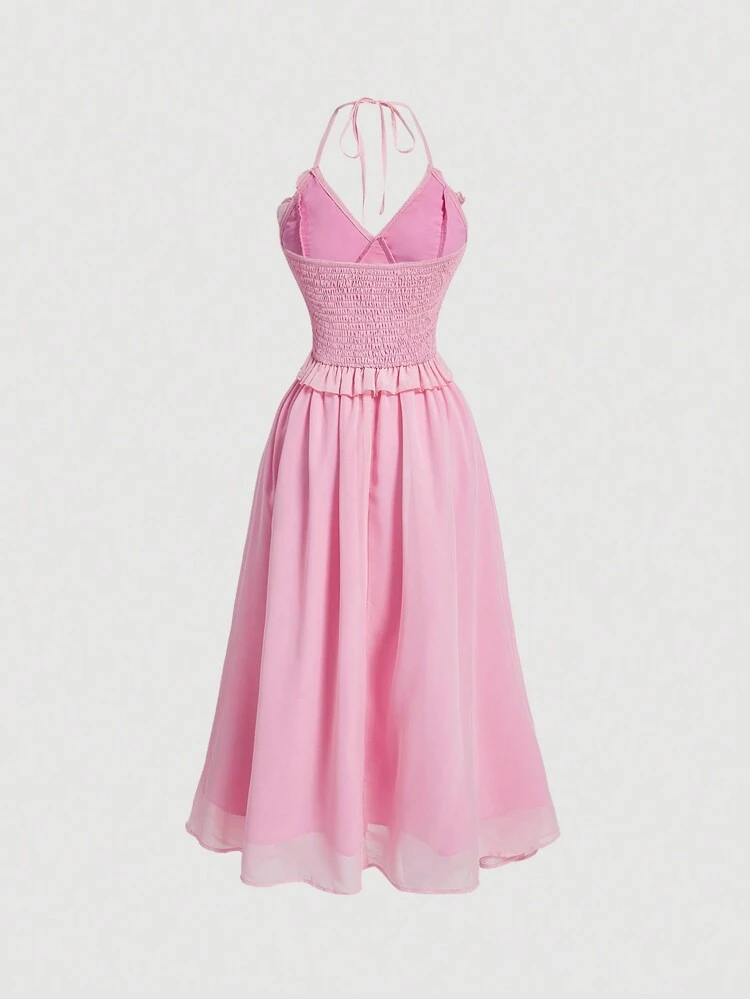 Women's Halter Neck Spliced Frill Hem Dress With Tassel Tie