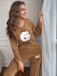 RueChic Women's Cartoon Letter Printed Plush Long Sleeve Pants Pajama Set - Camel - View 5