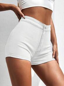 SHEIN ICON Quý cô Màu thuần Phong cách Đơn giản Quần short Denim - trắng - Xem 5