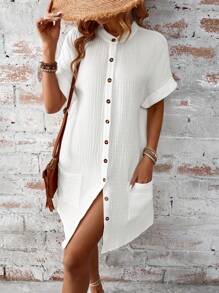 SHEIN LUNE 純色釦前女襯衫連身裙 - 白色 - 查看 5