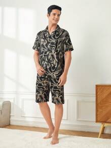 男士黑色花卉印花襯衫領短袖和短褲家居服套裝 - 黑色 - 查看 6