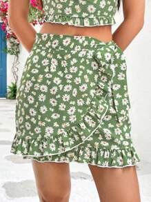 Soleia Women'S Green Printed Asymmetric Hem Mini Skirt