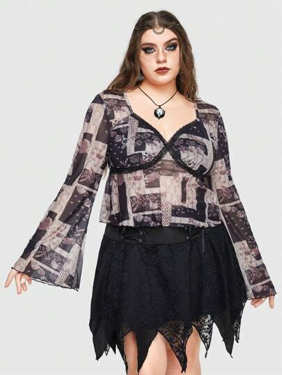 Goth Damen Plus Größe Durchsichtiges Mesh Perspektive Top Mit Karomuster Und Blumendruck Und Ausgestellten Ärmeln