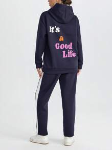 RueChic Letter Print Hooded Sweatshirt And Sweatpants Set - Navy Blue - View 3