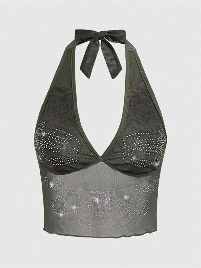 Fairycore Ladies' Halter Neck Top With Rhinestone Mandala Design