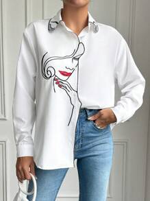 EURMUSE Women'S Abstract Face Printed Long Sleeve Shirt - White - View 6