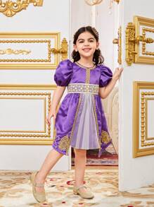 SHEIN Vestido de línea A de bloques de color hermosos para niña joven con detalles de parche - Morado - Ver 7