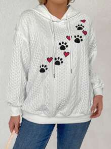 SHEIN Clasi 加大码爱心爪印落肩抽绳卫衣，适合毕业季、返校季、教师节等场合，秋冬新款。 - 白色 - 查看 5