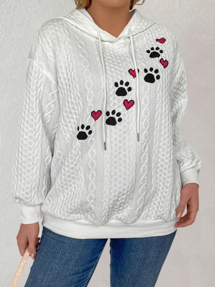 Plus Size Heart & Paw Print Drop Shoulder Drawstring Sweatshirt Graduation,Back To School,Graduation,Teacher For Women,Back To School Pullover Fall Winter Sweatshirt Autumn